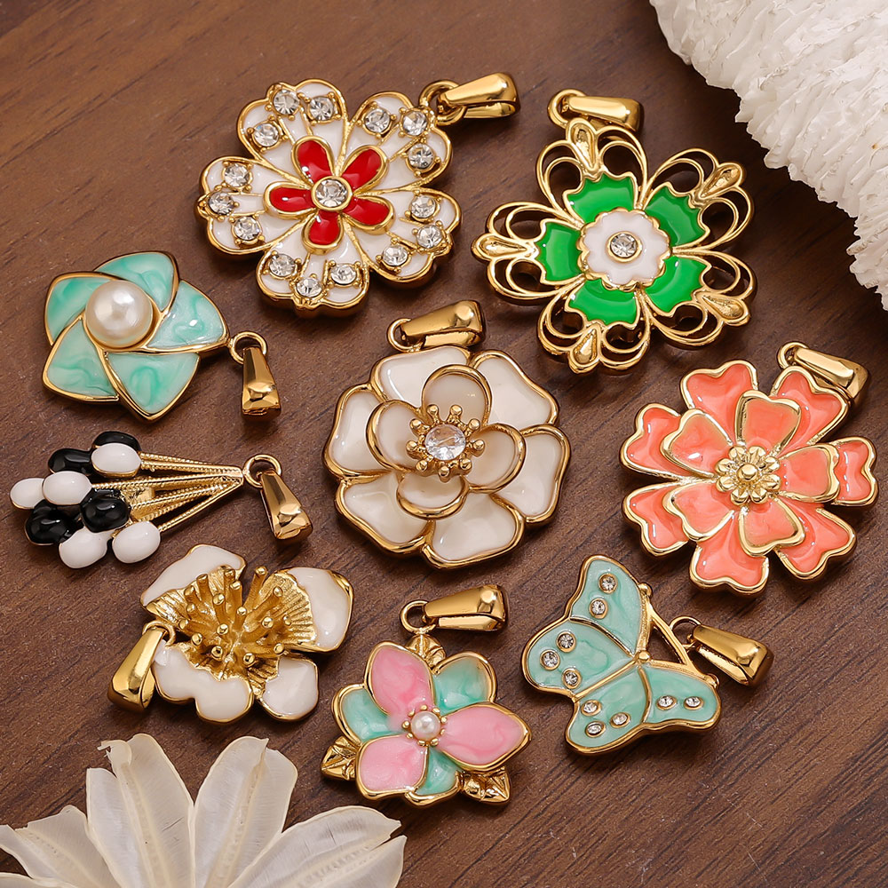 Jewelry Making Supplies Wholesale - 2PCS Liontin Bunga Besar Enamel Stainless